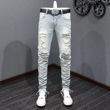 Уличная мода Мужские джинсы Ретро Светло-Голубые Эластичные эластичные обтягивающие рваные джинсы Мужские дизайнерские брюки в стиле хип-хоп с заплатками Пейсли