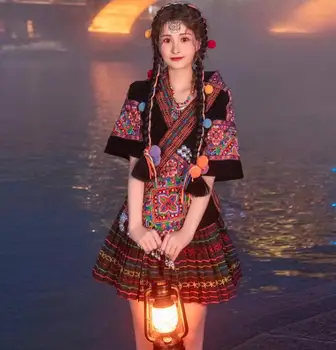 Улучшенное Платье с вышивкой Хмонгов, Летний китайский костюм для молодых девушек Мяо, Этнический фестиваль Фолк