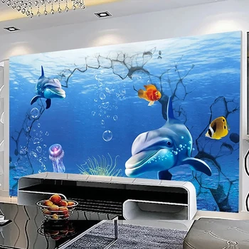 Фото Обои HD Морской Пейзаж Подводный мир Фреска с дельфинами 3D Романтический Фон детской Комнаты Домашний Декор 3D Настенная живопись