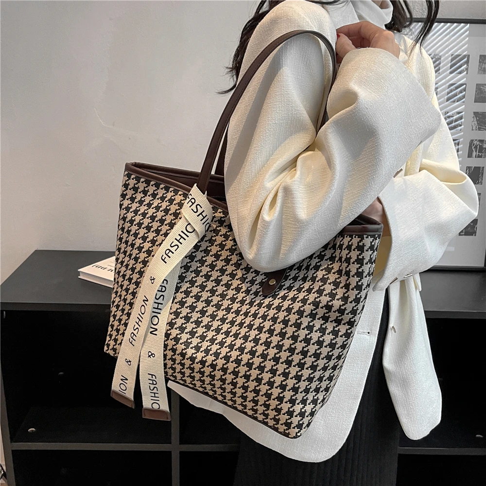 Холщовые сумки-тоут Shen Si Houndstooth на плечо с застежкой-молнией для женщин 2023, Винтажные Дизайнерские Большие Женские сумки для покупок - 2
