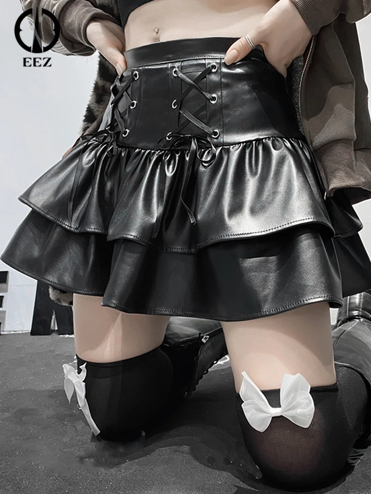 Черная Плиссированная мини-юбка с повязкой из искусственной кожи, Женская юбка в стиле Лолиты с высокой талией и молнией сзади, Модная уличная одежда в стиле опрятной готической кокетки - 0