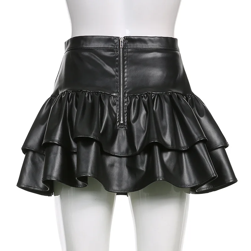 Черная Плиссированная мини-юбка с повязкой из искусственной кожи, Женская юбка в стиле Лолиты с высокой талией и молнией сзади, Модная уличная одежда в стиле опрятной готической кокетки - 5