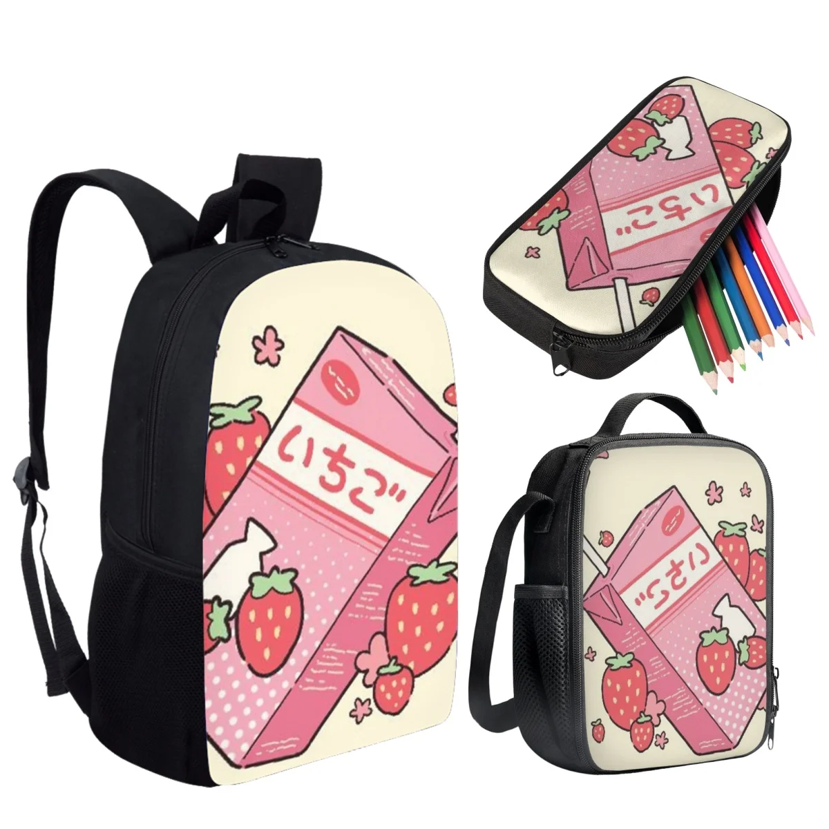 Школьный ранец с Пеналом, комплект из 3 предметов для детей-подростков, Японский Повседневный рюкзак с Клубничным соком, Женский Ланч-бокс Mochilas - 1