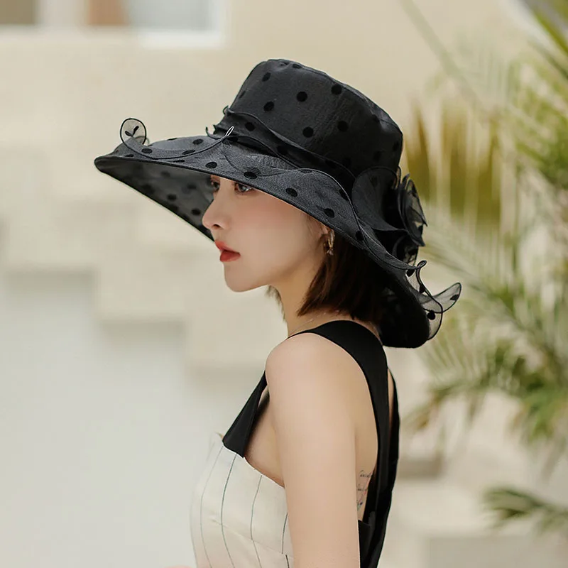 Элегантная темпераментная шляпа для женщин, шифоновая панама в горошек, дышащая пляжная шляпа из Органзы, летняя шляпа с большим карнизом, солнцезащитный козырек, рыбацкая шляпа - 1