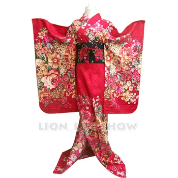 Японские женщины Розово-красное Длинное Кимоно Furisode с Цветочным Рисунком, Косплей Костюм